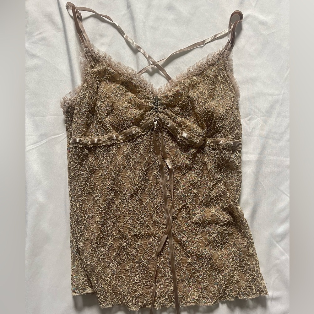 tan lace cami with pearl embellishments